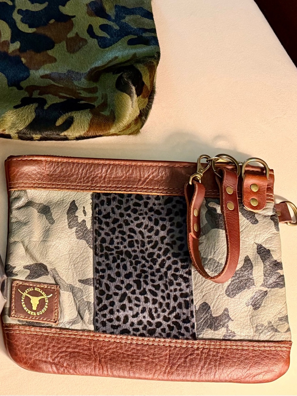 Coastal Hillbilly Leather Camouflage & Leopard Wristlet Clutch Brown/GREEN NWOT